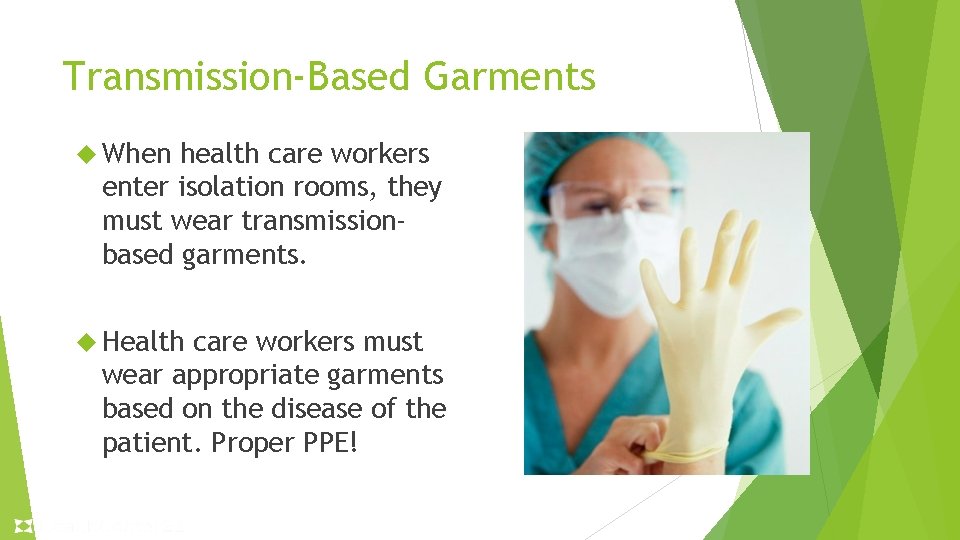 Transmission-Based Garments When health care workers enter isolation rooms, they must wear transmissionbased garments. Transmission-Based Garments When health care workers enter isolation rooms, they must wear transmissionbased garments.