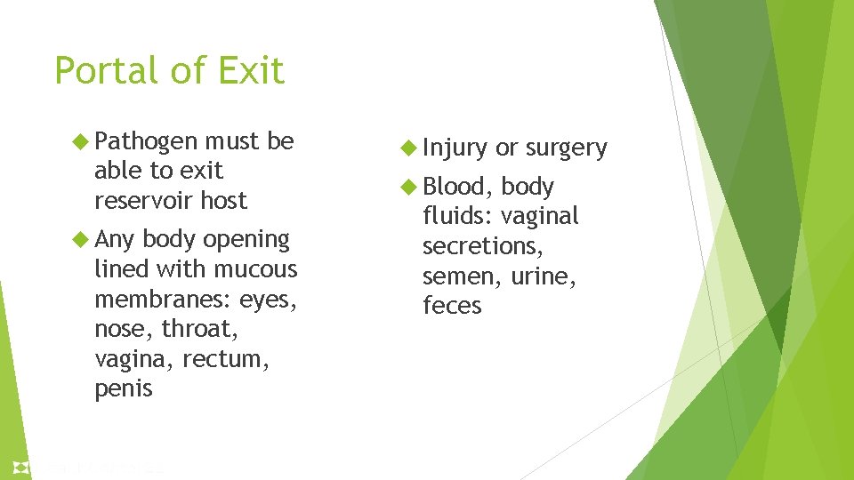 Portal of Exit Pathogen must be able to exit reservoir host Any body opening Portal of Exit Pathogen must be able to exit reservoir host Any body opening