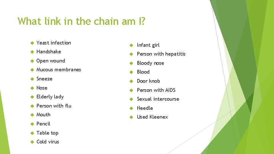 What link in the chain am I? Yeast infection Infant girl Handshake Person with What link in the chain am I? Yeast infection Infant girl Handshake Person with