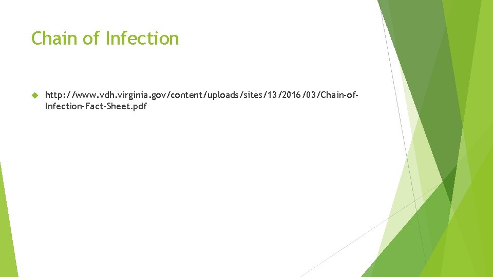 Chain of Infection http: //www. vdh. virginia. gov/content/uploads/sites/13/2016/03/Chain-of. Infection-Fact-Sheet. pdf Chain of Infection http: //www. vdh. virginia. gov/content/uploads/sites/13/2016/03/Chain-of. Infection-Fact-Sheet. pdf