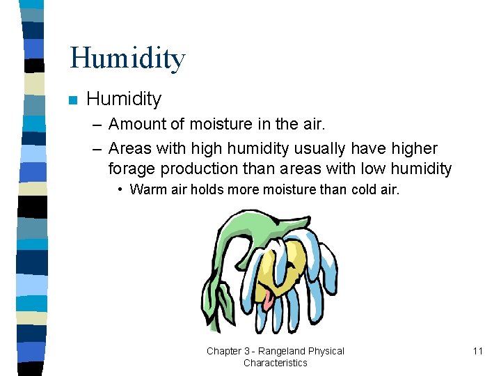 Humidity n Humidity – Amount of moisture in the air. – Areas with high