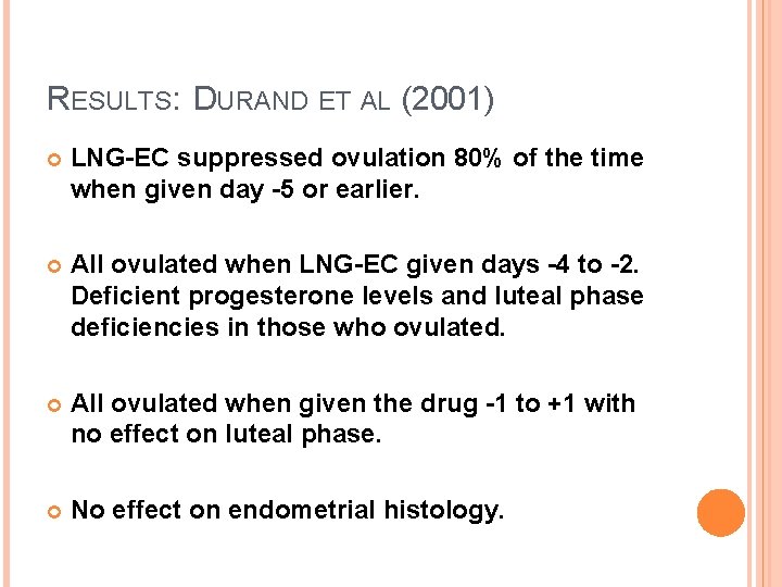 RESULTS: DURAND ET AL (2001) LNG-EC suppressed ovulation 80% of the time when given RESULTS: DURAND ET AL (2001) LNG-EC suppressed ovulation 80% of the time when given