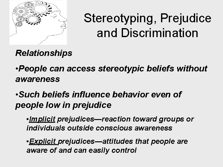 Stereotyping, Prejudice and Discrimination Relationships • People can access stereotypic beliefs without awareness •