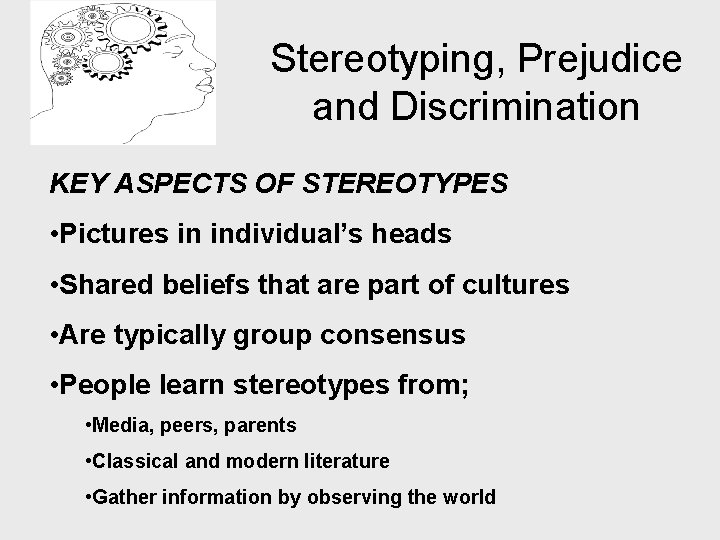 Stereotyping, Prejudice and Discrimination KEY ASPECTS OF STEREOTYPES • Pictures in individual’s heads •