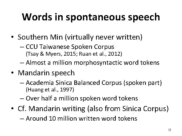 Words in spontaneous speech • Southern Min (virtually never written) – CCU Taiwanese Spoken