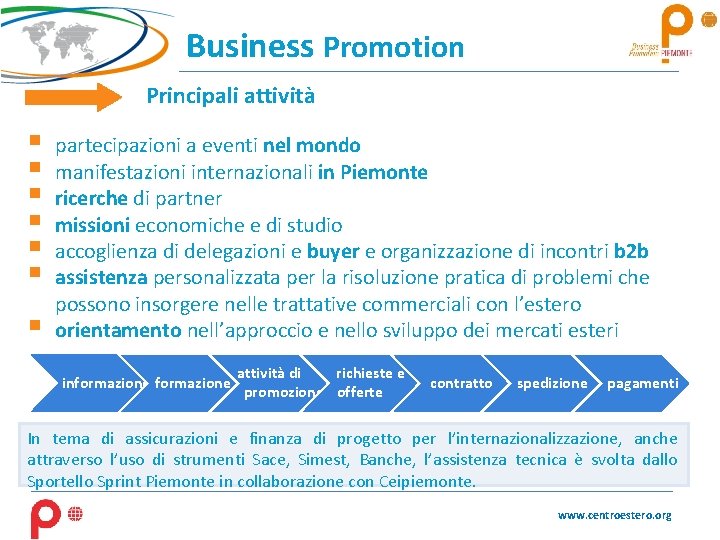 Business Promotion Principali attività § § § § partecipazioni a eventi nel mondo manifestazioni