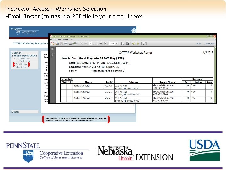 Instructor Access – Workshop Selection -Email Roster (comes in a PDF file to your