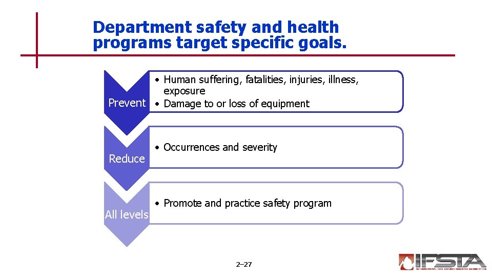 Department safety and health programs target specific goals. • Human suffering, fatalities, injuries, illness,