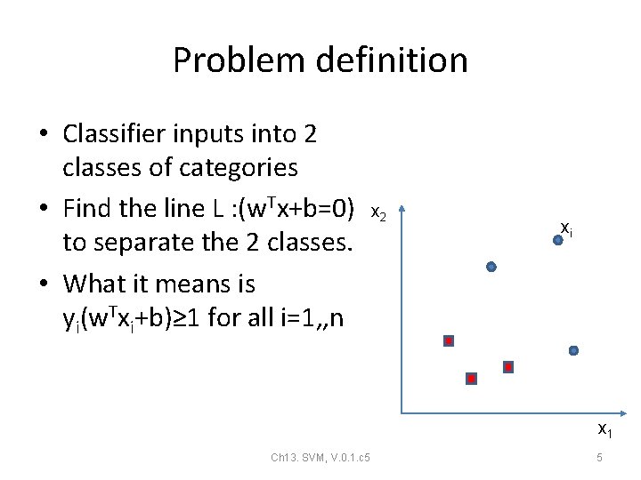 Problem definition • Classifier inputs into 2 classes of categories • Find the line Problem definition • Classifier inputs into 2 classes of categories • Find the line
