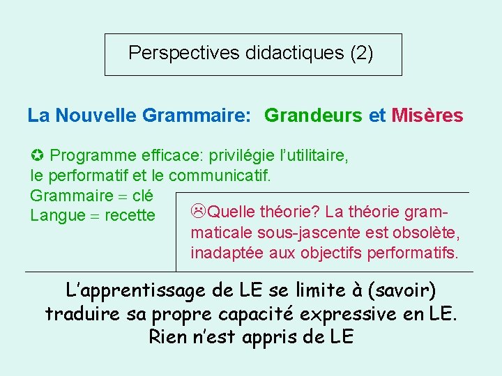 Perspectives didactiques (2) La Nouvelle Grammaire: Grandeurs et Misères Programme efficace: privilégie l’utilitaire, le