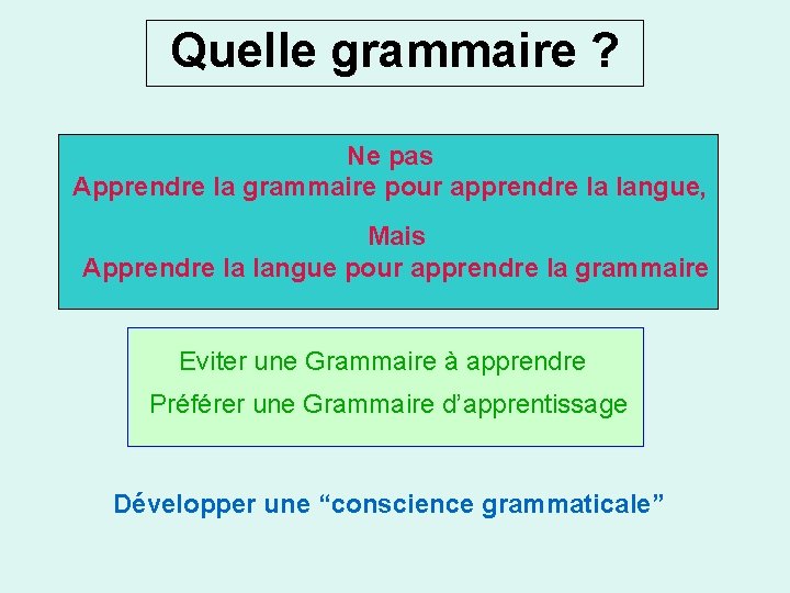 Quelle grammaire ? Ne pas Apprendre la grammaire pour apprendre la langue, Mais Apprendre