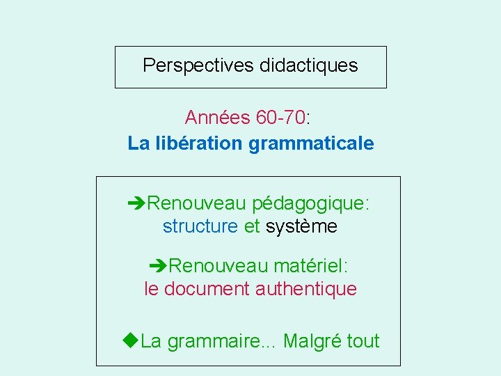 Perspectives didactiques Années 60 -70: La libération grammaticale Renouveau pédagogique: structure et système Renouveau