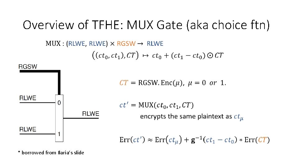 Overview of TFHE: MUX Gate (aka choice ftn) • * borrowed from Ilaria’s slide