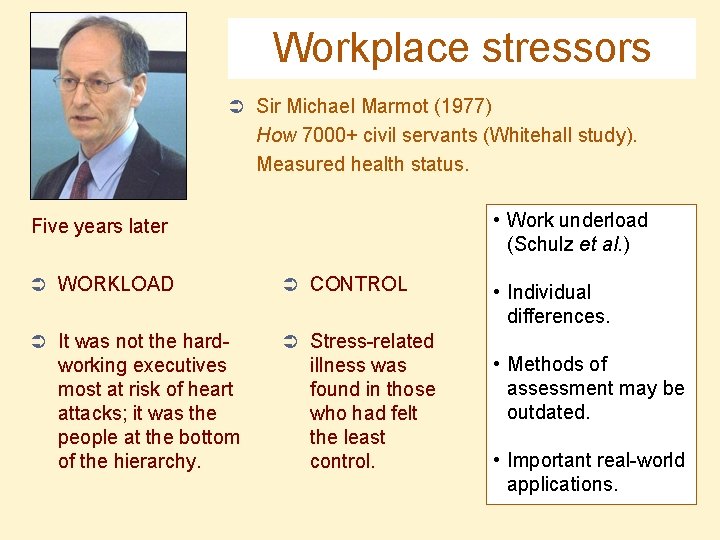 Workplace stressors Ü Sir Michael Marmot (1977) How 7000+ civil servants (Whitehall study). Measured