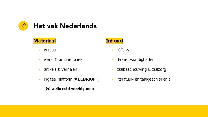 Het vak Nederlands Materiaal Inhoud • cursus • ICT: ¼ • werk- & bronnenboek