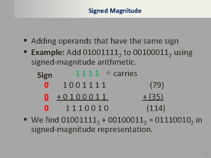 Signed Magnitude § Adding operands that have the same sign § Example: Add 010011112