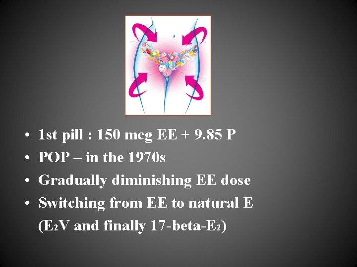  • • 1 st pill : 150 mcg EE + 9. 85 P