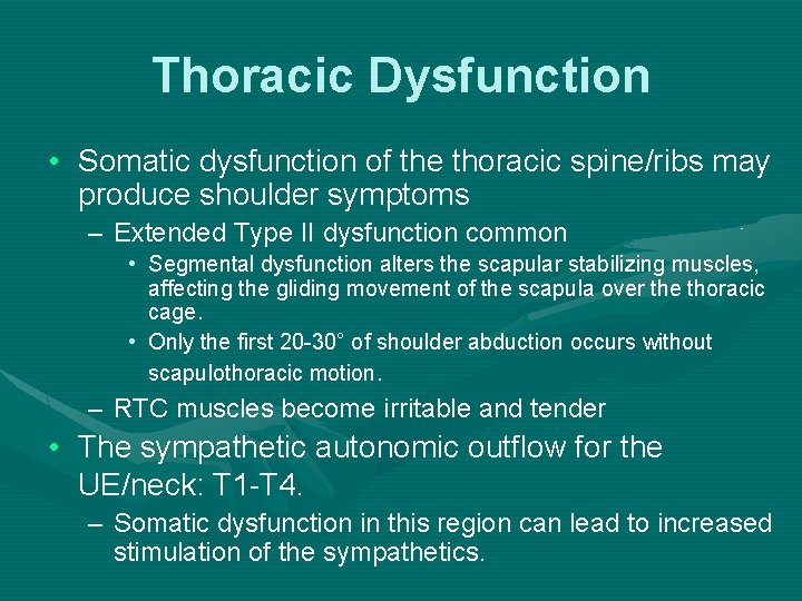 Thoracic Dysfunction • Somatic dysfunction of the thoracic spine/ribs may produce shoulder symptoms –