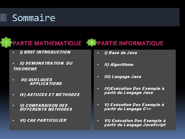 Sommaire I PARTIE MATHEMATIQUE I) BREF INTRODUCTION II) DEMONSTRATION DU THEOREME III) QUELQUES APPLICATIONS