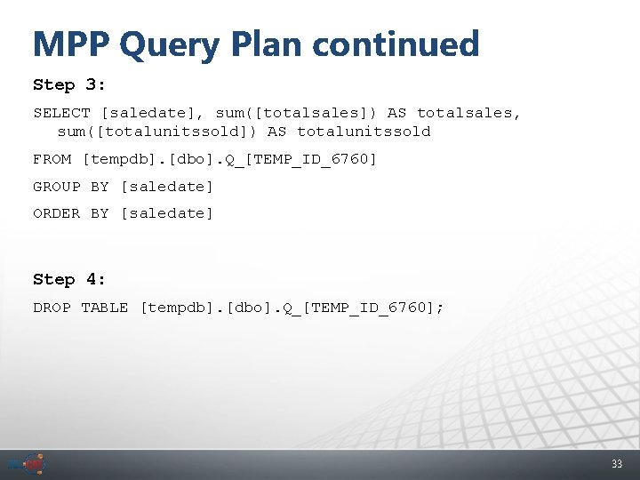 MPP Query Plan continued Step 3: SELECT [saledate], sum([totalsales]) AS totalsales, sum([totalunitssold]) AS totalunitssold