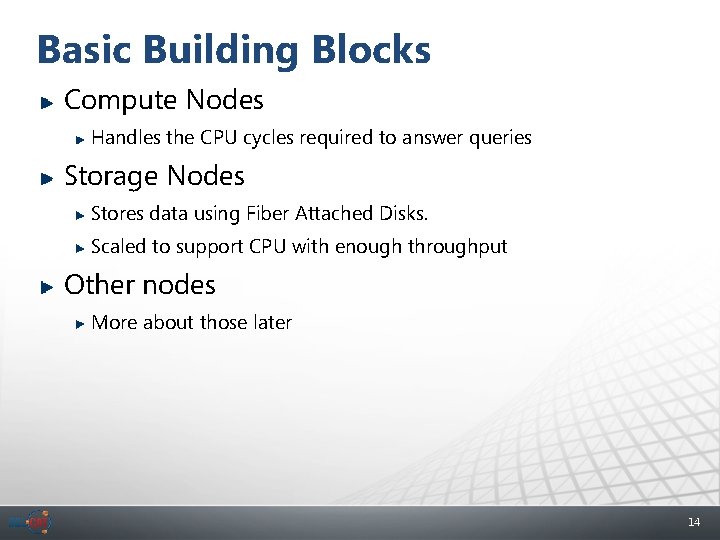 Basic Building Blocks Compute Nodes Handles the CPU cycles required to answer queries Storage