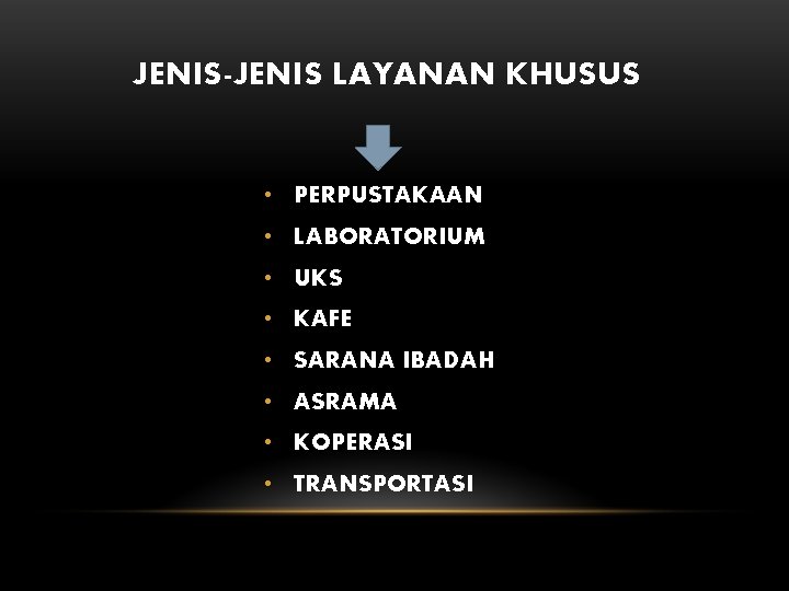 JENIS-JENIS LAYANAN KHUSUS • PERPUSTAKAAN • LABORATORIUM • UKS • KAFE • SARANA IBADAH