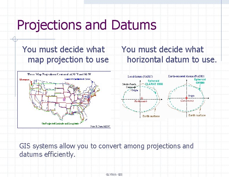 Projections and Datums You must decide what map projection to use You must decide