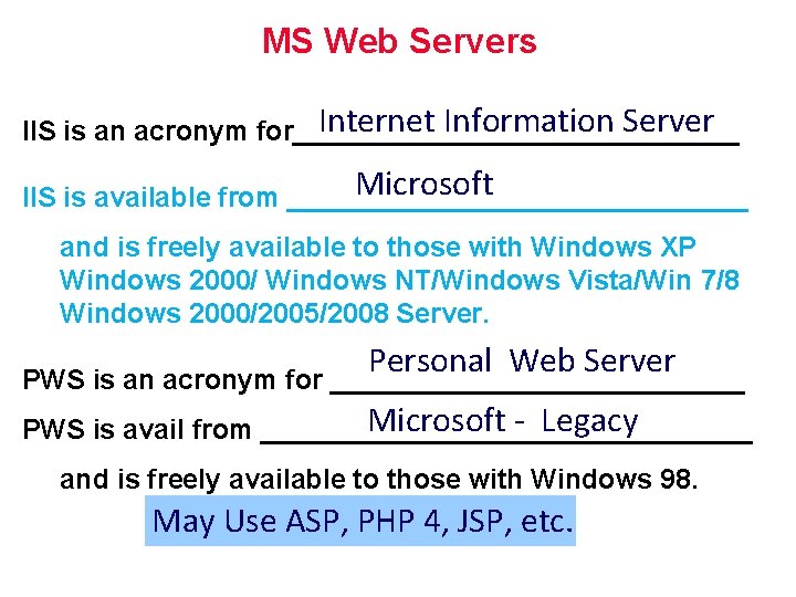 MS Web Servers Internet Information Server IIS is an acronym for_______________ Microsoft IIS is