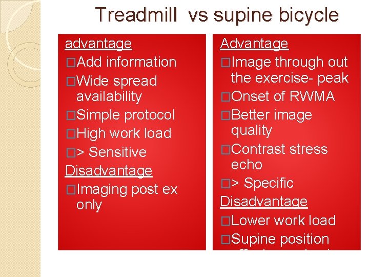 Treadmill vs supine bicycle advantage �Add information �Wide spread availability �Simple protocol �High work