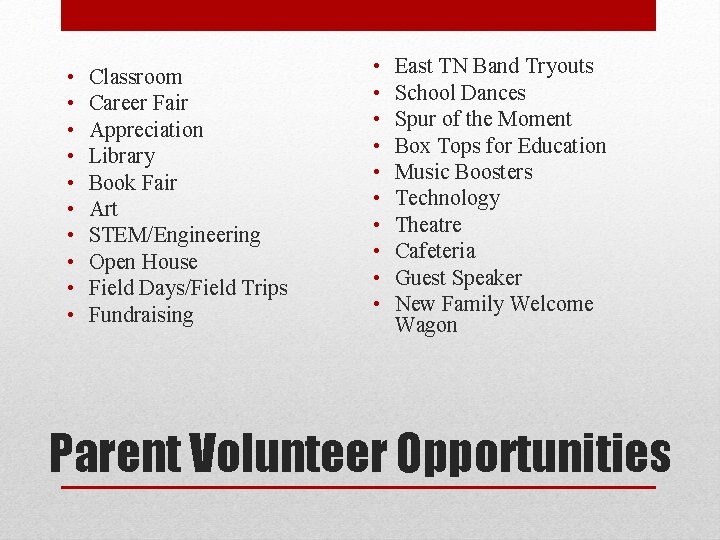 • • • Classroom Career Fair Appreciation Library Book Fair Art STEM/Engineering Open • • • Classroom Career Fair Appreciation Library Book Fair Art STEM/Engineering Open