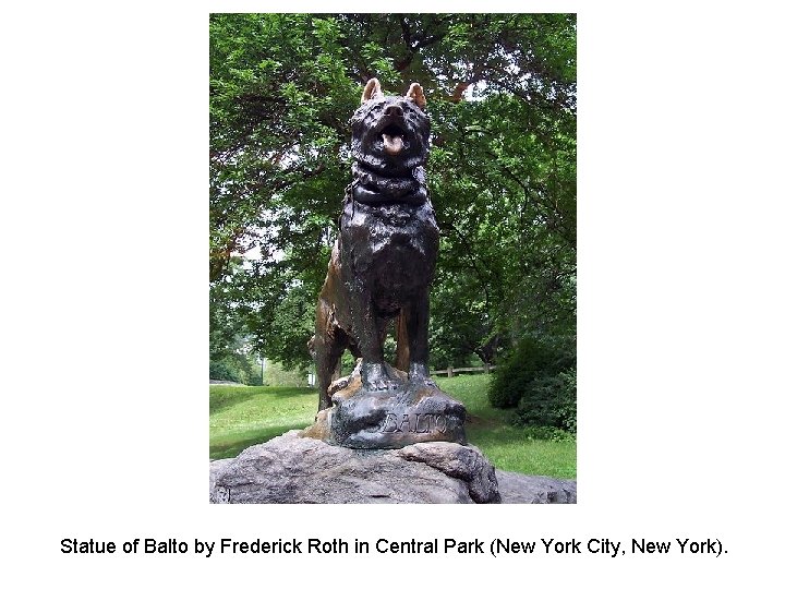 Statue of Balto by Frederick Roth in Central Park (New York City, New York).