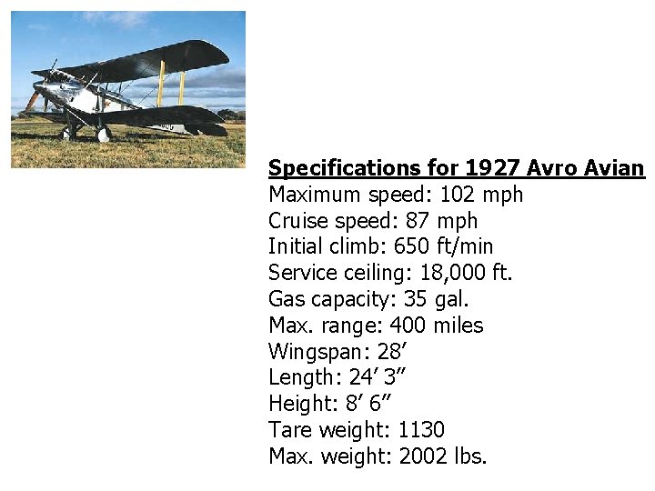 Specifications for 1927 Avro Avian Maximum speed: 102 mph Cruise speed: 87 mph Initial