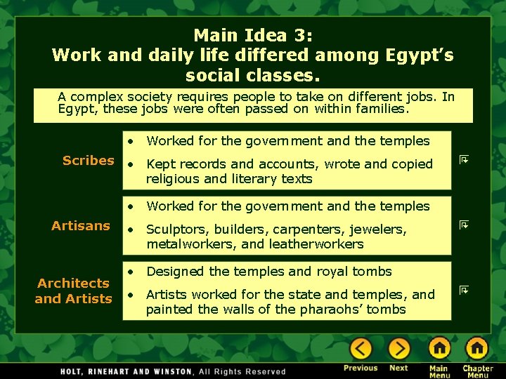 Main Idea 3: Work and daily life differed among Egypt’s social classes. A complex