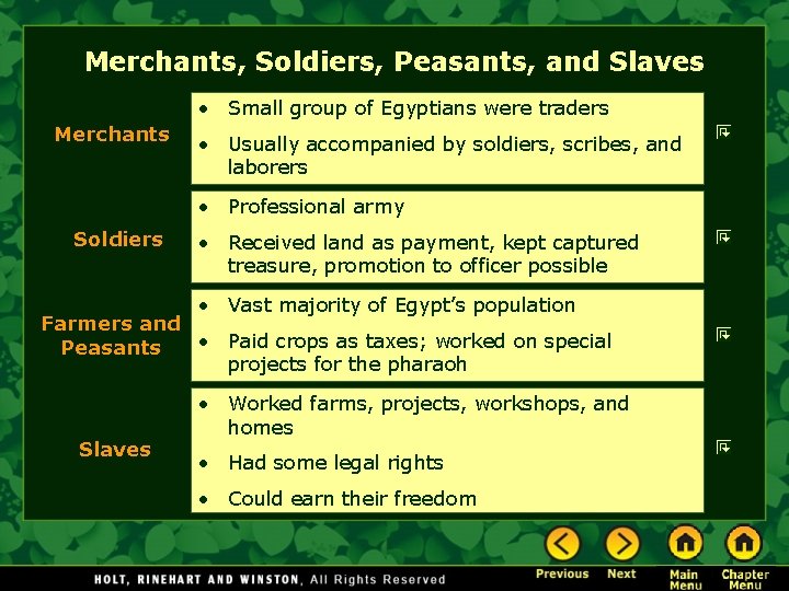 Merchants, Soldiers, Peasants, and Slaves • Small group of Egyptians were traders Merchants •