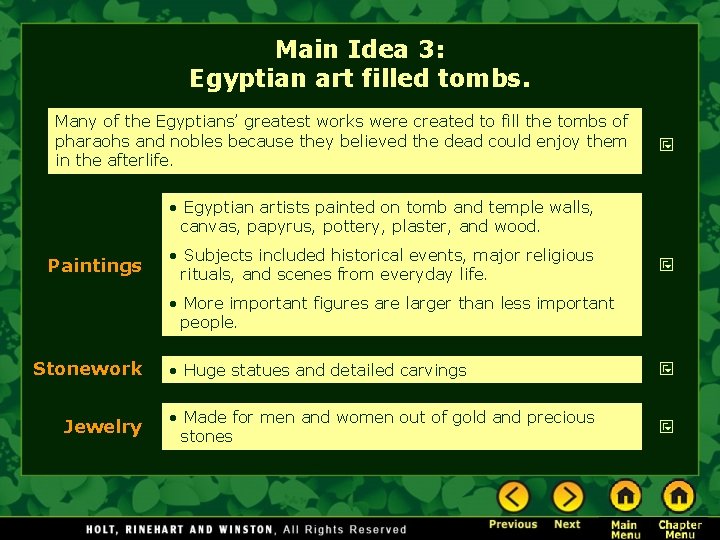Main Idea 3: Egyptian art filled tombs. Many of the Egyptians’ greatest works were