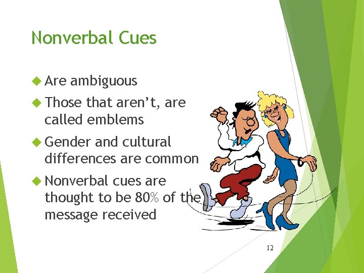 Nonverbal Cues Are ambiguous Those that aren’t, are called emblems Gender and cultural differences