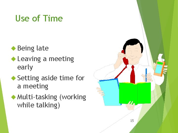 Use of Time Being late Leaving a meeting early Setting aside time for a