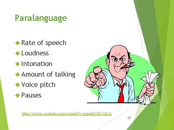 Paralanguage Rate of speech Loudness Intonation Amount Voice of talking pitch Pauses http: //www.