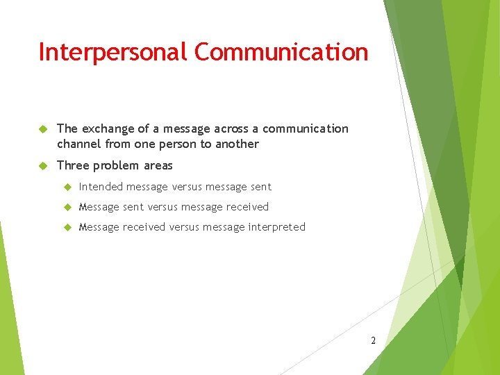 Interpersonal Communication The exchange of a message across a communication channel from one person