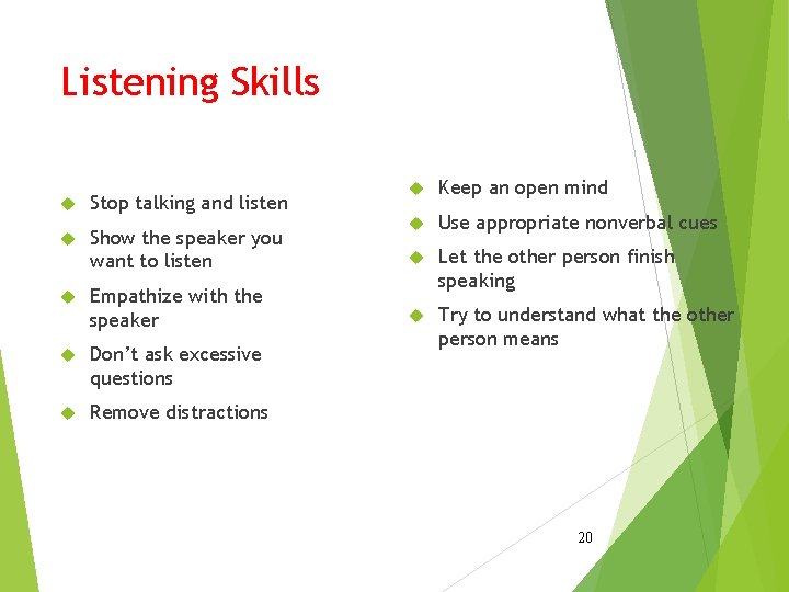 Listening Skills Stop talking and listen Show the speaker you want to listen Empathize