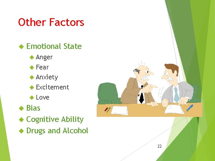 Other Factors Emotional State Anger Fear Anxiety Excitement Love Bias Cognitive Ability Drugs and