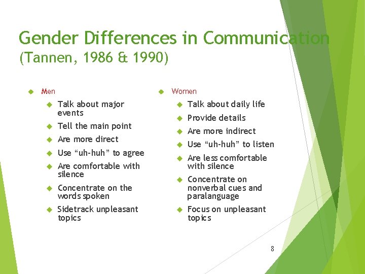 Gender Differences in Communication (Tannen, 1986 & 1990) Men Talk about major events Tell