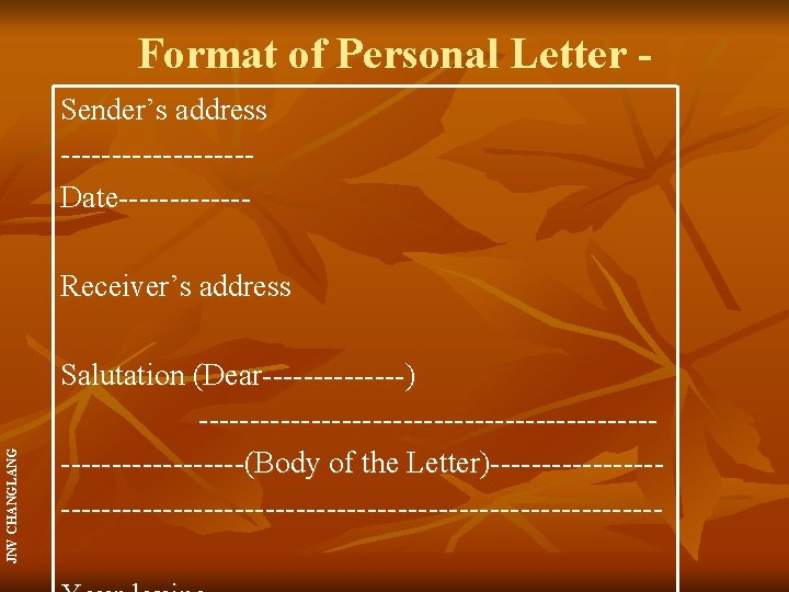 Format of Personal Letter Sender’s address ---------Date------- JNV CHANGLANG Receiver’s address Salutation (Dear-------) -------------------------------(Body