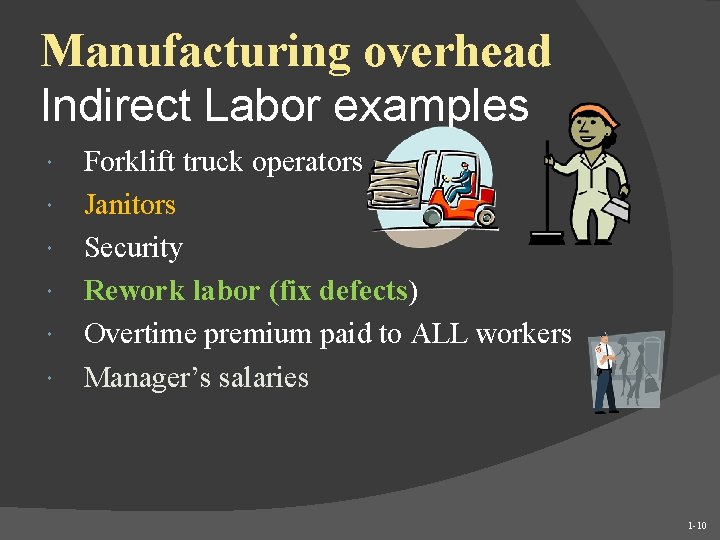 Manufacturing overhead Indirect Labor examples Forklift truck operators Janitors Security Rework labor (fix defects)