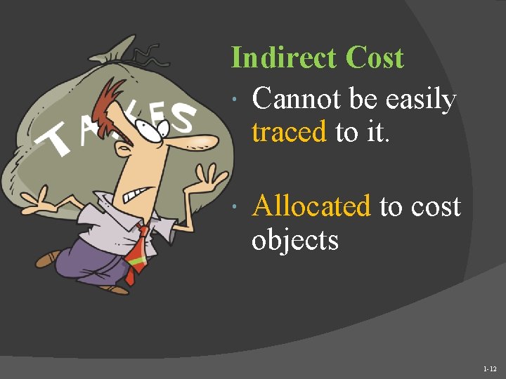 Indirect Cost Cannot be easily traced to it. Allocated to cost objects 1 -12