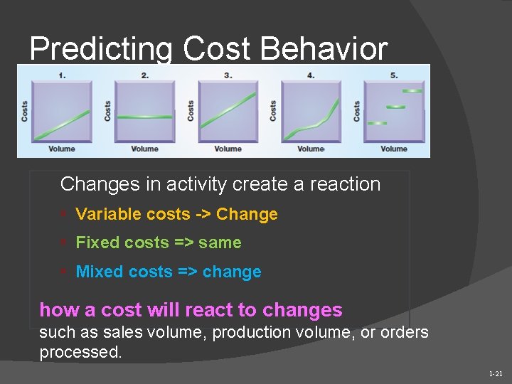 Predicting Cost Behavior Changes in activity create a reaction ▫ Variable costs -> Change