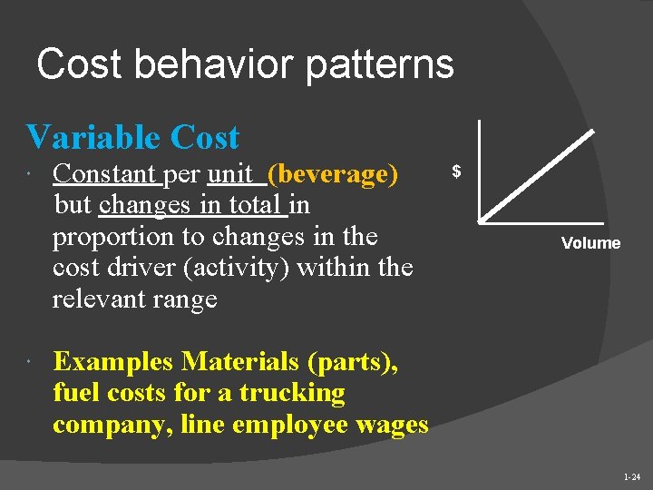 Cost behavior patterns Variable Cost Constant per unit (beverage) but changes in total in