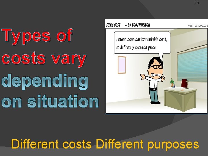 1 -4 Types of costs vary depending on situation Different costs Different purposes 