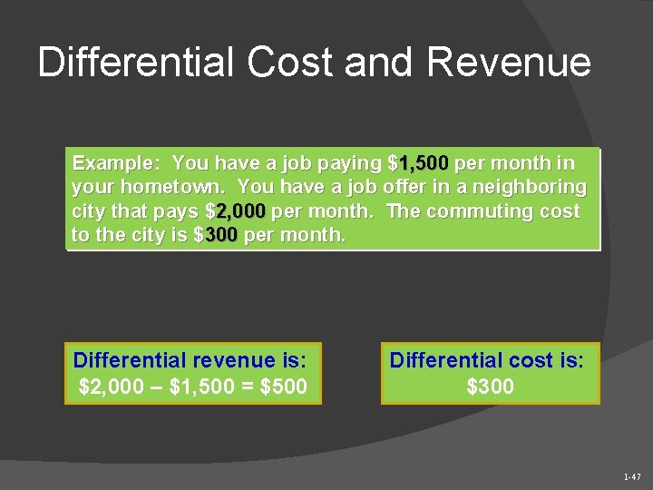 Differential Cost and Revenue Example: You have a job paying $1, 500 per month