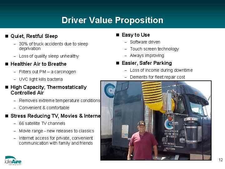 Driver Value Proposition n Quiet, Restful Sleep n Easy to Use - 30% of